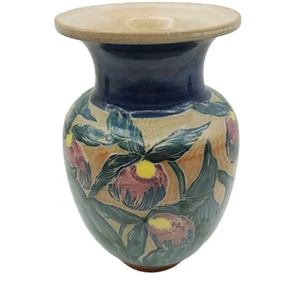 Art Pottery Lady Slipper Flower Vase Signed Ceramic Botanical Orchids Design 90s
